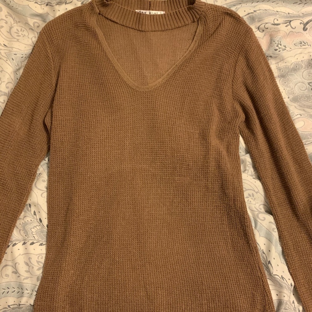 Brown mock neck sweater with cutout